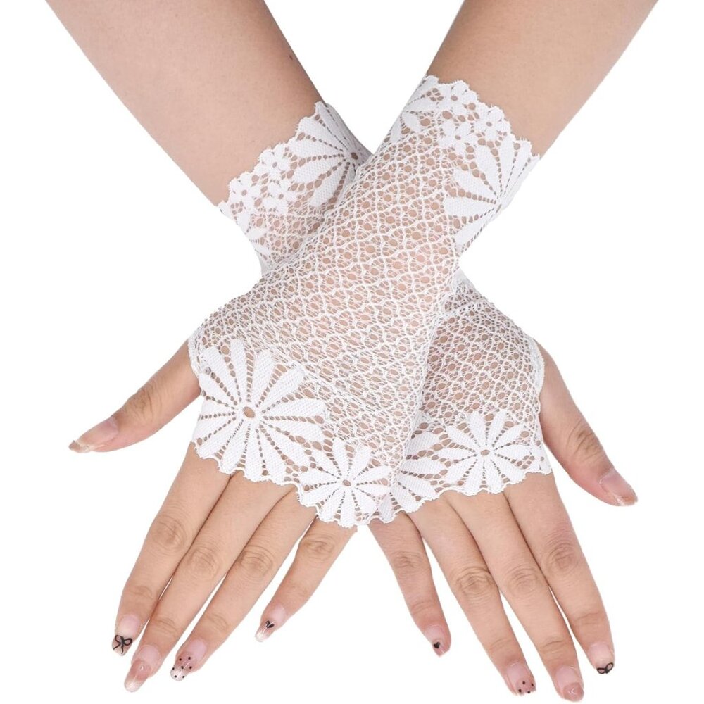 Women's St132-C-White Elegant Floral Lace Fingerless Short Gloves Party Prom